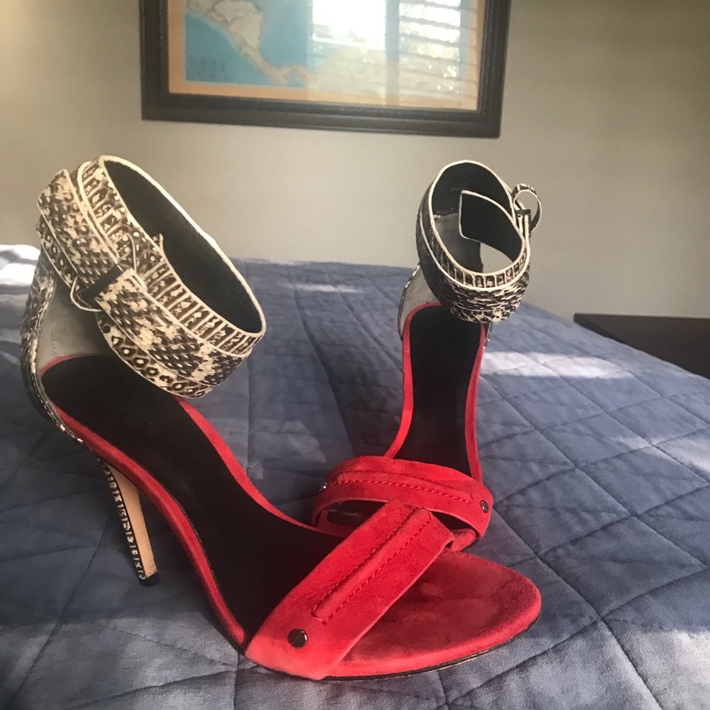 Rachel Roy red suede and animal skin heels with ankle stray